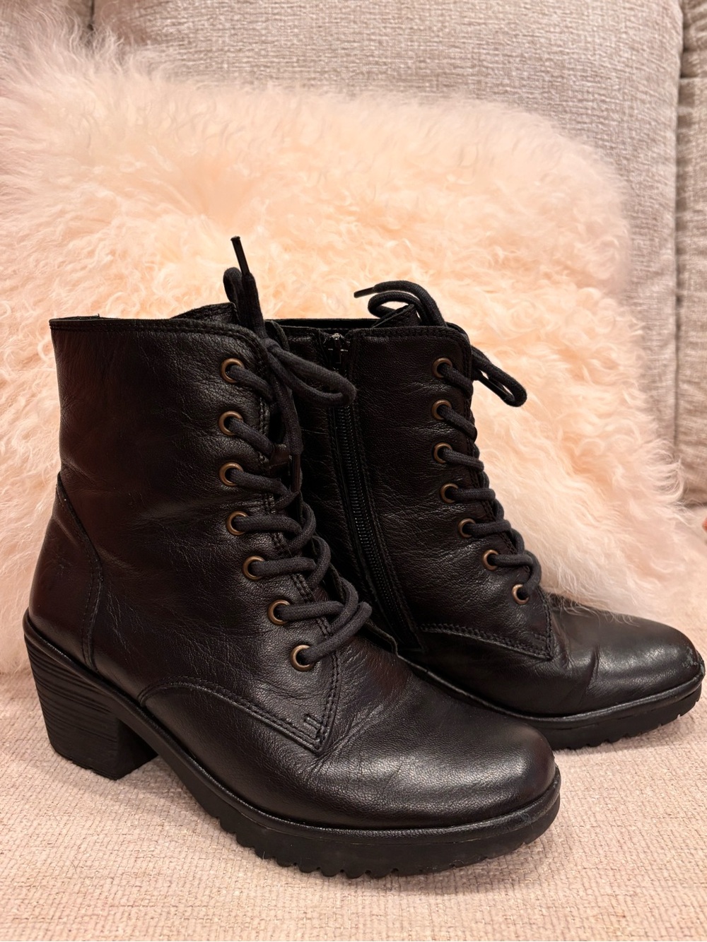 Fly London Black Leather Lace-Up Chunky Heel Combat Boots